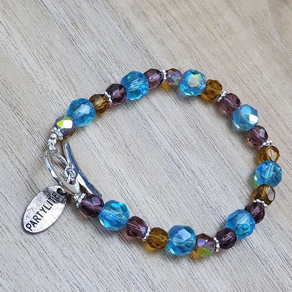 💜PartyLite Turquoise & Amber Crystal & Rhinestone Beaded Bracelet